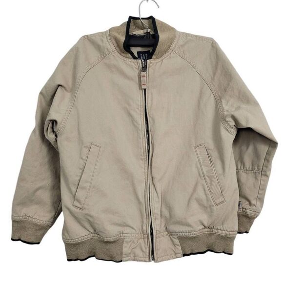 Y2K Gap Kids Khaki Bomber Jacket Boys Sz Small 5/6 Cotton Fleece Lined Classic - Picture 1 of 7